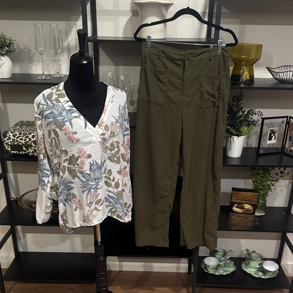 Pants - Olive Green Women's Pants and Floral Flowy Top